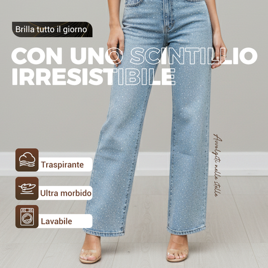 👖 60% DI SCONTO! 💎 JEANS CON STRASS - Gamba Dritta e Vita Alta, Tessuto Elasticizzato con Decorazioni di Cristallo, Perfetti per Look Eleganti e Casual 🌟🛍️