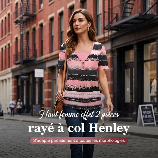 👚 50% DE RÉDUCTION 👕 Haut Henley rayé faux deux pièces – Look superposé – Doux, aéré & parfait à porter seul ou associé – Chic décontracté pour le printemps et l'été 🌸