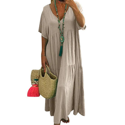 📢⏰ PROMO FLASH 50% ! Robe Longue Décontractée Femme à Manches Courtes – Décolleté en V, Tissu Coton/Fibre, Coupe Ample, 4 Couleurs, Style Bohème & Polyvalent 🌼