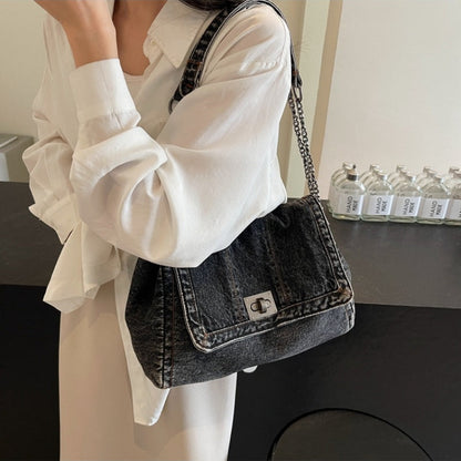 Sac À Épaule Rétro Grande Capacité À Chaîne en Denim