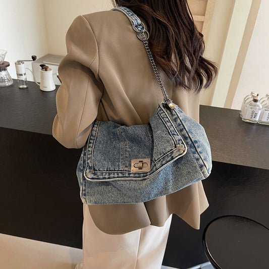 Sac À Épaule Rétro Grande Capacité À Chaîne en Denim