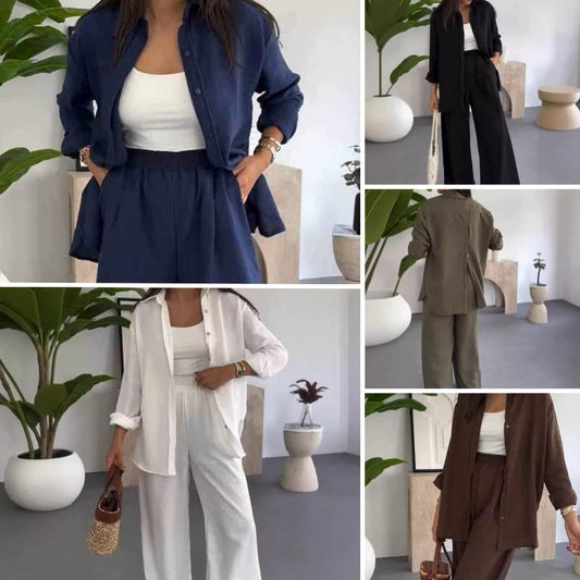Ensemble Femme 2 Pièces Uni : Chemise Ample et Pantalon Large Décontracté