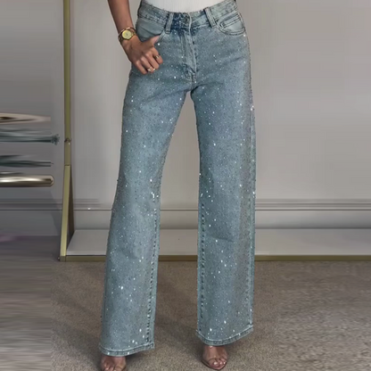 👖 60% DI SCONTO! 💎 JEANS CON STRASS - Gamba Dritta e Vita Alta, Tessuto Elasticizzato con Decorazioni di Cristallo, Perfetti per Look Eleganti e Casual 🌟🛍️