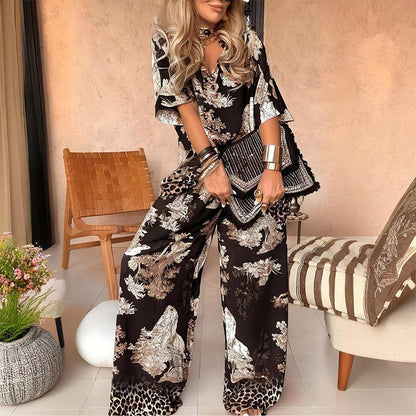 🌸Ensemble Décontracté Femme ✅ Haut Imprimé Col V & Pantalon Long | Léger et Élégant 🌸 -50% AUJOURD’HUI 🔥