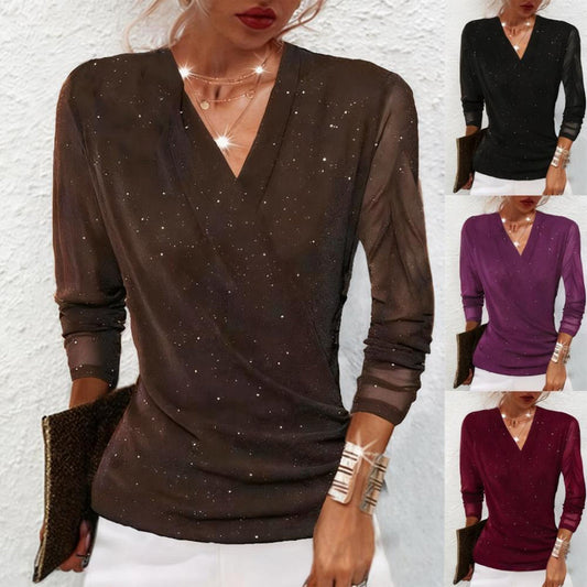 ✨ 60% DI SCONTO! 💫 TOP CON SCOLLO A V INCROCIATO - Lunghi Manichi con Brillantini, Tessuto Morbido ed Elasticizzato, Perfetto per Serate e Occasioni Speciali 🌟👚