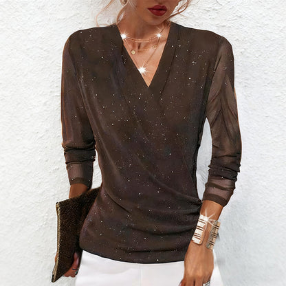 ✨ 60% DI SCONTO! 💫 TOP CON SCOLLO A V INCROCIATO - Lunghi Manichi con Brillantini, Tessuto Morbido ed Elasticizzato, Perfetto per Serate e Occasioni Speciali 🌟👚
