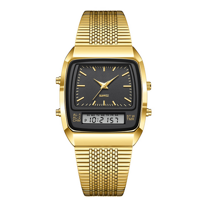 ⌚ PROMO LIMITÉE -50% ! ✨ Montre Rétro Carrée Double Affichage – Analogique & Numérique, Boîtier Zinc Durable, Bracelet Acier Inox · Or-Noir, Or, Noir & Or-Argent 🔋