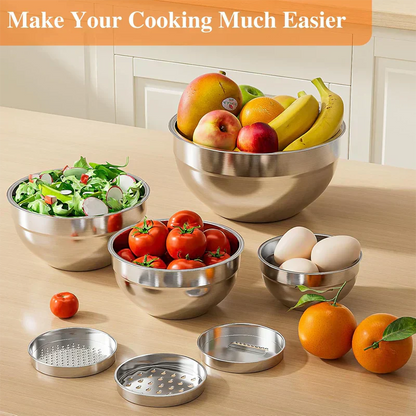 🍲 6 Bols en Acier Inoxydable – Inox 304 – 3 Accessoires Râpes Inclus for Cuisine