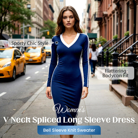 Robe près du corps Femme à manches longues, col en V et détails sportifs à rayures – Coupe flatteuse pour toutes les saisons ! 🌟