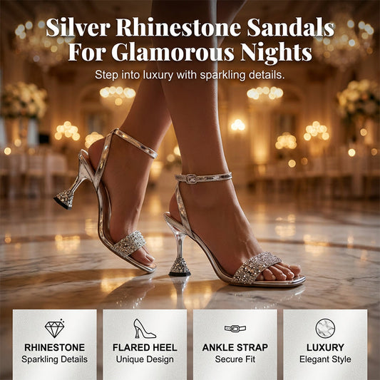 👠💎✨ PROMO LIMITÉE -50% ! Sandales à Bride Cheville – Strass, Talon Sculptural, Bout Carré & Finition Métallisée (Argent/Doré, 35-43)