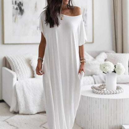 👗✨🌞 PROMO -50% ! Robe Longue Décontractée à Manches Courtes et Coupe Ample – Tissu Léger Respirant & Poches Latérales (5 Couleurs, S-2XL)