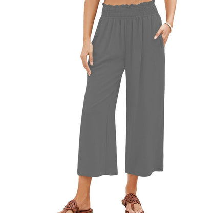 Pantalon large à taille haute et empiècement froncé pour femme