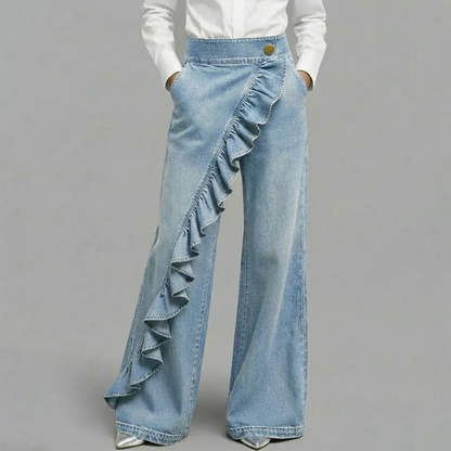 ⏳ Promotion limitée : -50 % ⏰   Pantalon denim large à volants asymétriques pour femme 👖