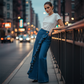 ⏳ Promotion limitée : -50 % ⏰   Pantalon denim large à volants asymétriques pour femme 👖