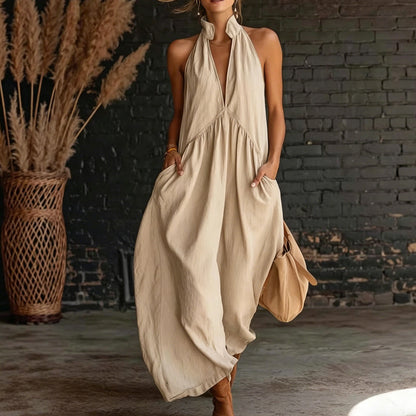 Robe longue d'été pour femme à col V nuque