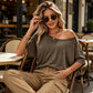 📢👕✨ PROMO -50% ! T-shirt Femme à Épaules Dénudées & Manches Courtes – Coupe Ample, Tissu Léger & Style Décontracté (Gris/Noir/Marron, S-XL)