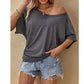 📢👕✨ PROMO -50% ! T-shirt Femme à Épaules Dénudées & Manches Courtes – Coupe Ample, Tissu Léger & Style Décontracté (Gris/Noir/Marron, S-XL)