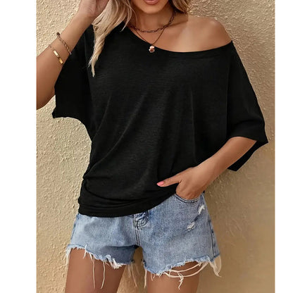 📢👕✨ PROMO -50% ! T-shirt Femme à Épaules Dénudées & Manches Courtes – Coupe Ample, Tissu Léger & Style Décontracté (Gris/Noir/Marron, S-XL)