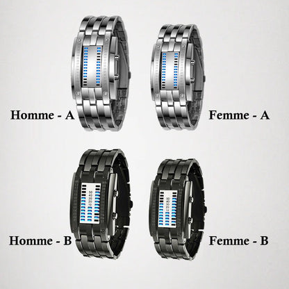 Montre binaire pour hommes, style bracelet en acier inoxydable avec LED, lumière bleue, sportive, plaquée sous vide, élégante