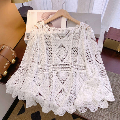 👒 PROMO FLASH 50% DE RÉDUCTION ! 🌼 Chemise Couvrance Crochet – Dentelle Ajourée, Manches Évasées & Style Boho Plage 🌴