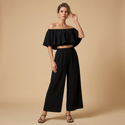 Ensemble élégant haut à bretelles tombantes à volants et pantalon large