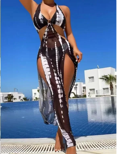 👙 LIMITED-TIME 50% OFF! ✨ Striped Two-Piece Swimsuit – Tie Neck, Ring Detail, High Stretch 🌊