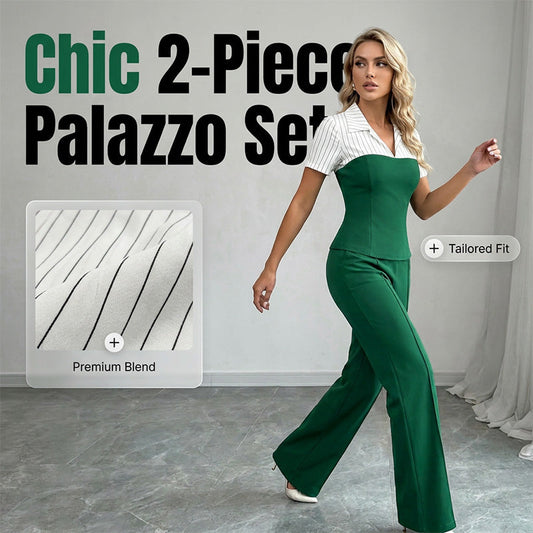 👔✨🍂 OFFRE LIMITÉE -50% ! Ensemble 2 Pièces à Revers Rayé & Pantalon Palazzo – Col V, Tissu Fluide (4 Couleurs)