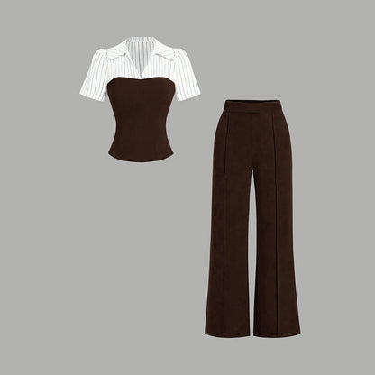 👔✨🍂 OFFRE LIMITÉE -50% ! Ensemble 2 Pièces à Revers Rayé & Pantalon Palazzo – Col V, Tissu Fluide (4 Couleurs)