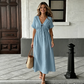 👗 50% DE RÉDUCTION MAINTENANT ! 🌸 Robe mi-longue d'été pour femme avec col en V et nœud devant – Taille empire, coupe A fluide et mélange coton respirant ☀️