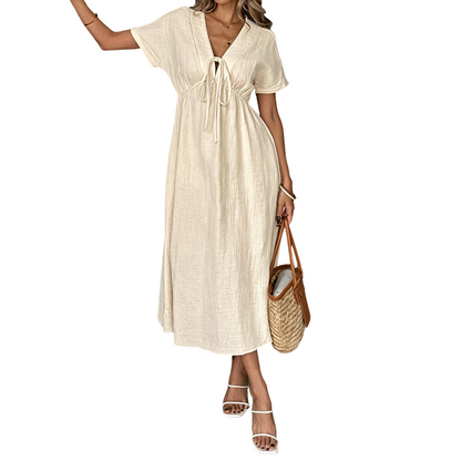 👗 50% DE RÉDUCTION MAINTENANT ! 🌸 Robe mi-longue d'été pour femme avec col en V et nœud devant – Taille empire, coupe A fluide et mélange coton respirant ☀️