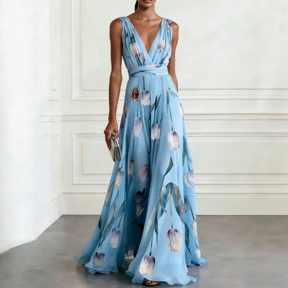 🌼 Robe longue élégante à col en V avec imprimé tulipe