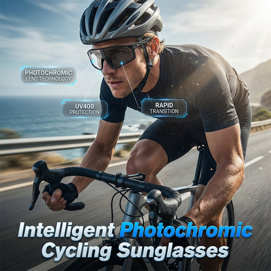 🕶️🚴 PROMO FLASH 50% ! Lunettes de Sport Photochromiques – UV400, Verres Gris Auto-Assombrissants, Monture PC Léger, Design Anti-Vent, 3 Couleurs (145×56mm) ⚡
