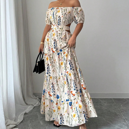 💃 Robe longue fleurie décolletée bustier avec découpes latérales 🌸✨