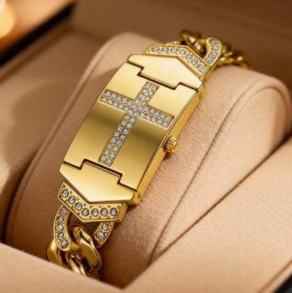 📢⏰💎 PROMO -50% ! Montre Cristal Croix – Cadran Rectangulaire Géométrique, Bracelet Métal Premium, Design Étincelant