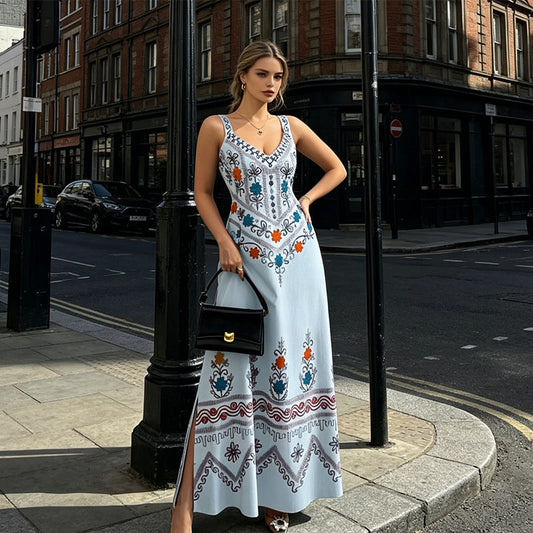 Robe sans manches col en V à imprimé floral avec fente
