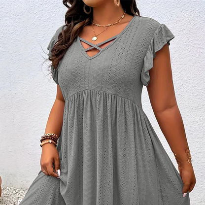 Robe à col en V et volants pour femme