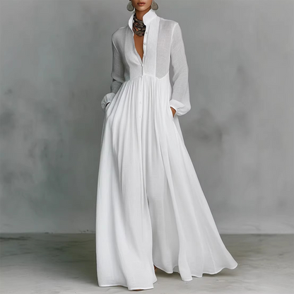 👗 PROMO LIMITÉE 50% DE RÉDUCTION ! ✨ Robe Maxi Blanche Élégante à Plis & Col Haut – Style Français & Taille Marquée 🌸