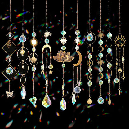 🌈✨ PROMO FLASH 50% ! Attrape-Soleil Décoratif en Cristal – Reflets Arc-en-Ciel, Designs Symboliques (Soleil/Lune), 43-47 cm, Finition Or/Argent ✨