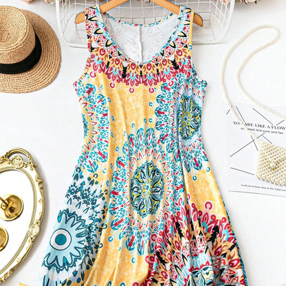 🌸 Solde d'Été Brûlant ✨ Robe d'été imprimée sans manches coupe A décontractée