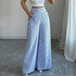 👖✨ PROMO LIMITÉE 50% DE RÉDUCTION ! Pantalon Taille Haute à Jambes Larges – Rayures Verticales Bleu & Blanc, Coupe Élégante, Bouts Décoratifs, Parfait pour Occasions Décontractées & Chic 🍃