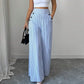 👖✨ PROMO LIMITÉE 50% DE RÉDUCTION ! Pantalon Taille Haute à Jambes Larges – Rayures Verticales Bleu & Blanc, Coupe Élégante, Bouts Décoratifs, Parfait pour Occasions Décontractées & Chic 🍃
