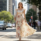 👗🌼 PROMO FLASH 50% ! Robe Longue Plissée Imprimé Floral Vintage – Col Carré, Manches Papillons, Taille Haute, Style Romantique & Élégant pour le Printemps/Été ☀️