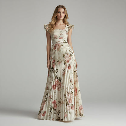 👗🌼 PROMO FLASH 50% ! Robe Longue Plissée Imprimé Floral Vintage – Col Carré, Manches Papillons, Taille Haute, Style Romantique & Élégant pour le Printemps/Été ☀️