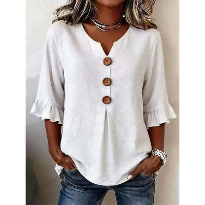👚 50% DE RÉDUCTION 🌸 Blouse à col en V et manches à volants – Tissu fluide & léger – Parfaite pour un look romantique ou chic au quotidien – facile à associer avec jean ou jupe ✨🌿