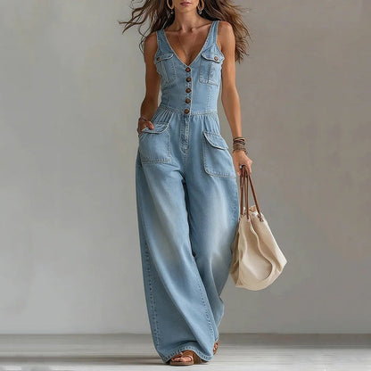 ✨👖 PROMO LIMITÉE 50% ! Combinaison Jean sans Manches Femme – Col en V, Mélange Coton, 3 Couleurs, 6 Tailles, Silhouette Flatteuse & Polyvalente 🌿