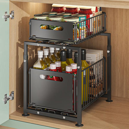 💪 50% DE RÉDUCTION! 🥫 Étagère Double Coulissante Organisateur de Placard – 5 hauteurs réglables, 2 plateaux & acier carbone robuste – Grande capacité, sans installation – Idéal pour cuisine & rangement ✨