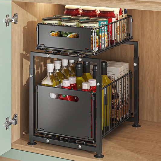 💪 50% DE RÉDUCTION! 🥫 Étagère Double Coulissante Organisateur de Placard – 5 hauteurs réglables, 2 plateaux & acier carbone robuste – Grande capacité, sans installation – Idéal pour cuisine & rangement ✨