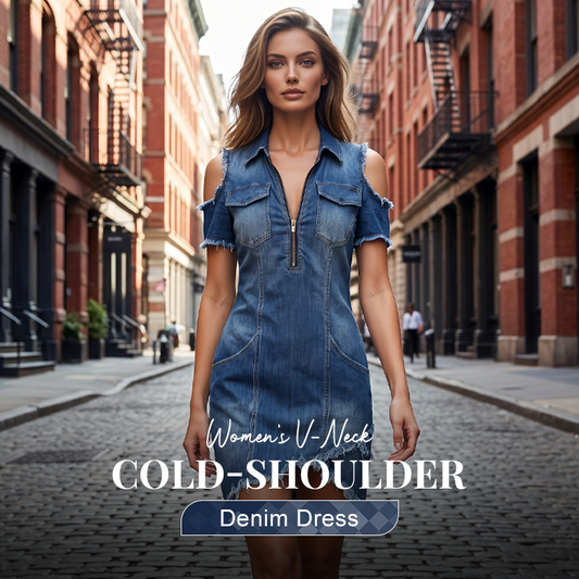 ✨👖 PROMO LIMITÉE 50% ! Robe Jean Femme – Encolure en V Profond, Épaules Dénudées, Taille Ajustée, 4 Couleurs, 6 Tailles, Style Décontracté & Audacieux 🆒