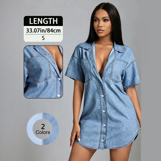 Chemise courte en denim à col tailleur ample pour femme