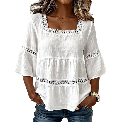 👚 60% DE RÉDUCTION 🌼 Blouse boho col carré – Dentelle crochetée, manches cloche & fluidité superposée – Légère & élégante – parfaite pour l’été ou un look romantique 🌿